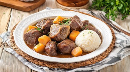 A plate features tender braised meat accompanied by fresh vegetables and soft, fluffy bread, enjoyed outdoors in Phuket, Thailand against a beautiful garden backdrop