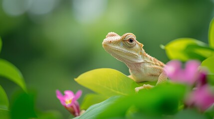 Obraz premium A chameleon atop a green plant, adorned with pink flowers, foreground Background softly blurred