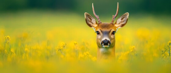  A tight shot of a deer in a meadow, surrounded by golden flowers in the foreground, and trees beyond