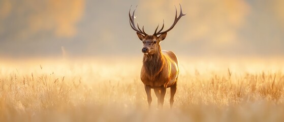 Obraz premium A tight shot of a deer in a tall grass field, bathed in sunlight on its head