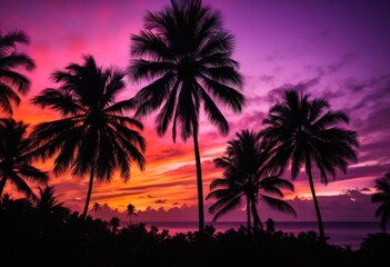 silhouetted tropical palm trees vibrant sunset rich colors purple creating stunning visual contrast, beach, orange, pink, nature, landscape, sky, clouds