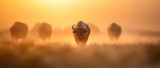  A herd of cattle grazes atop a lush, green field Beyond, tall grass waves in the breeze; the sun sets in the backdrop