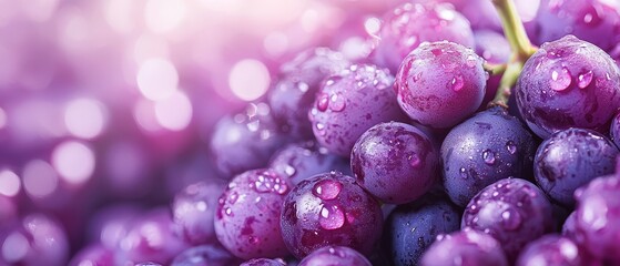 A tight shot of clusters of grapes, adorned with dewdrops on their verdant leaves and the glossy exterior of each grape