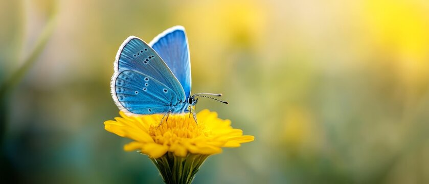  A blue butterfly on a yellow flower, amidst a sea of green and yellow blooms Background softly blends with green and yellow flowers
