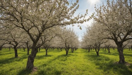 Obraz premium Breathtaking view of an expansive orchard in full bloom, showcasing vibrant blossoms on a sunny spring day
