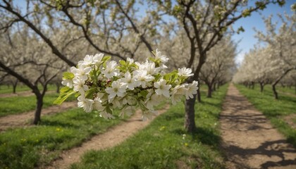 Breathtaking view of an expansive orchard in full bloom, showcasing vibrant blossoms on a sunny spring day