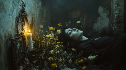 Ethereal Beauty in a Dark Setting with Nature Elements