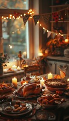 Cozy Columbus Day Family Dinner with Autumnal Dishes, Candles, and Festive Decorations