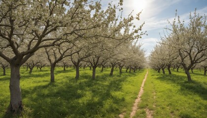 Obraz premium Blooming cherry trees bask in warm sunlight during a serene spring afternoon in a lush orchard