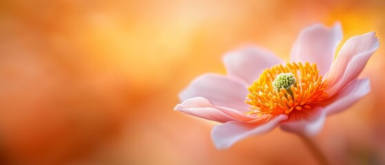 Obraz premium A tight shot of a pink blossom featuring a yellow pistil and a yellow stamen at its heart