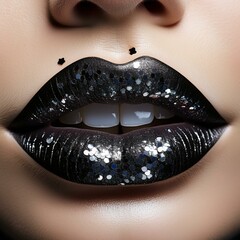 Lips make-up. Beauty high fashion trendy black with gold colour gradient lips makeup sample, sexy mouth closeup. Lipstick. Professional Make up artist work