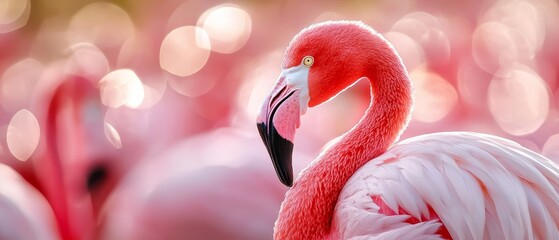 Naklejka premium A pink flamingo centrally positioned among a blurred backdrop of similar pink flamingos