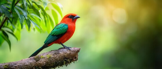 Obraz premium A red and green bird on a branch before a green tree