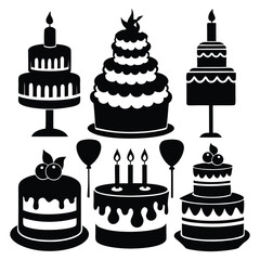 Birthday cake collection black silhouette style on white background