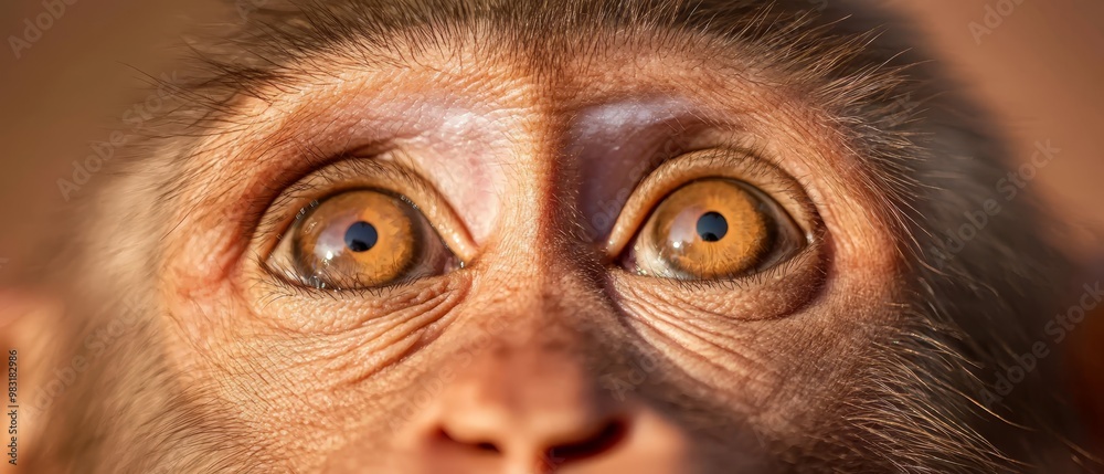 Wall mural close-up of a monkey's face with wide-eyed astonishment and brown eyes