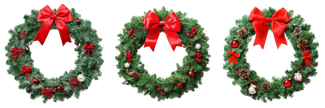 Set of christmas wreath, red ribbon bow, isolated on white background, clipping path