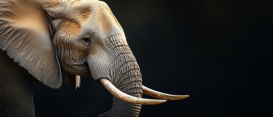 Obraz premium A tight shot of an elephant's tusks against a black backdrop..Or:..Black background reveals a close-up of an elephant's curved