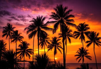 vibrant palm silhouettes framed radiant sunset backdrop rich purples creating stunning tropical atmosphere, orange, yellow, sky, clouds, landscape, evening