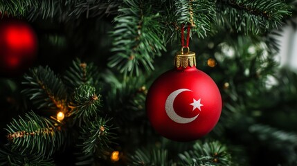 red christmas tree ornament with the turkish flag is hanging on an elegantly decorated green christmas tree, captured through macro photography, with a close-up view, creating a festive atmosphere