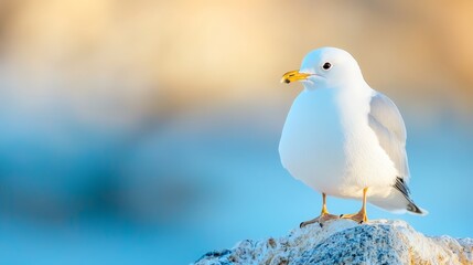 Obraz premium A white bird perches atop a rock against a backdrop of blue sky, its yellow beak contrasting boldly
