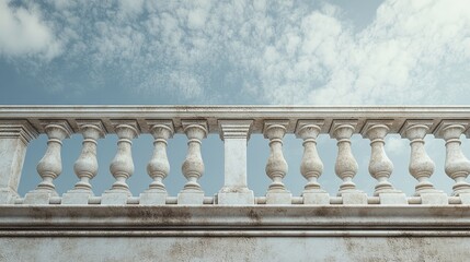 Classic concrete Italian balustrade viewed from below with ample space for copy.