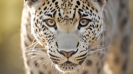  A close-up of a leopard's face with a blurred background
