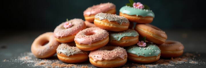 Indulge in a vibrant stack of delicious doughnuts, adorned with colorful icing and sprinkles. Perfect for bakery promotions, desserts, or food related content. © Makaron