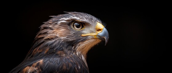 Naklejka premium A bald eagle in tight focus against a black backdrop, its yellow and brown head, and distinctive yellow beak prominent..Up-close image: eagle's