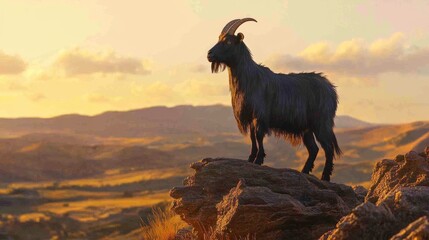 Majestic Goat Silhouetted Against a Scenic Sunset Landscape