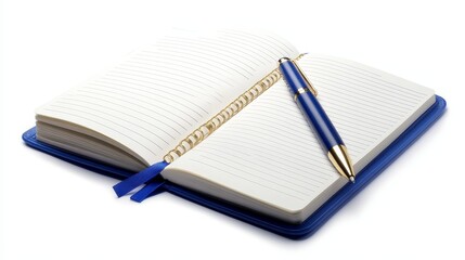 Closed and open lined notebooks in marine blue with a pen, on a white background with a clipping path.
