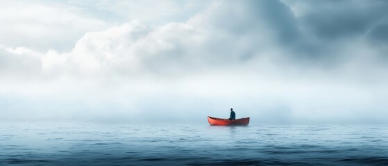  A man in a red boat floats in the center of a body of water The backdrop is a cloudy, gray sky