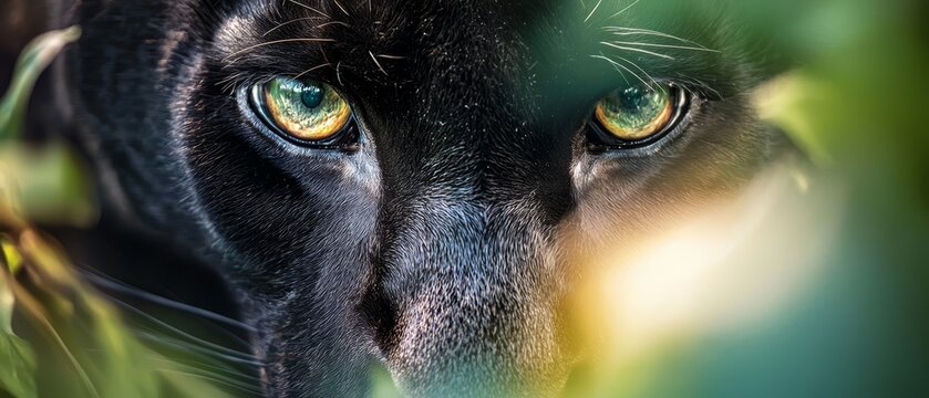  A tight shot of a black feline's face, its yellow eyes piercingly bright, surrounded by green foliage in the foreground