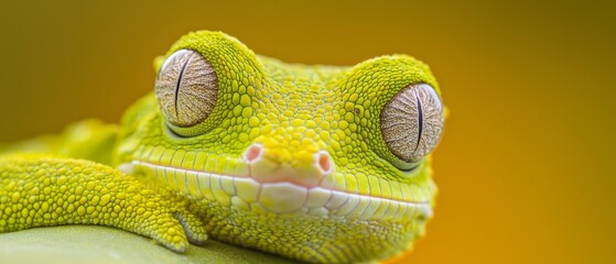  A tight shot of a green lizard's face against a yellow background