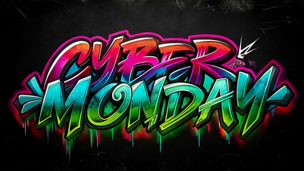 Bright graffiti inscription Cyber ​​​​​​Monday, dark textured background. AI, Generated, Illustration.