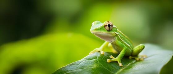 Obraz premium A green frog sits atop a single leaf amongst a sea of green leaves