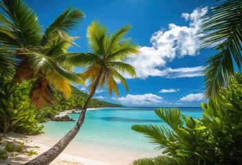 Fototapeta premium breathtaking sea vista showcasing vibrant tropical foliage lush greenery crystal clear waters, beach, coast, shoreline, ocean, waves, sky, island, paradise