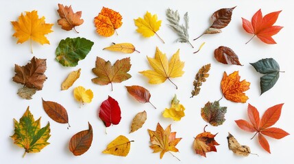 Fototapeta premium Colorful autumn leaves of various shapes and sizes lie scattered across a white background, creating a vibrant and eye-catching display.