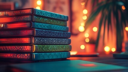 Colorful Stacked Journals with Soft Lighting