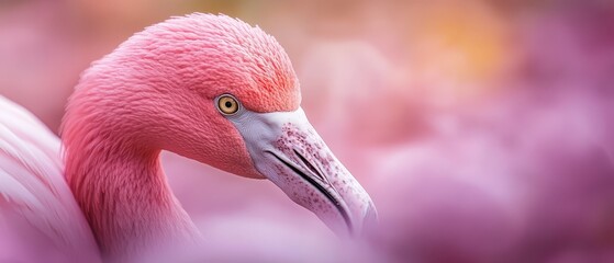 Fototapeta premium A tight shot of a pink flamingo's head and neck against a softly blurred backdrop of pink blooms