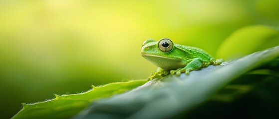 Obraz premium A tight shot of a green frog perched on a textured leaf Background softly blurred, presenting a vibrant green hue