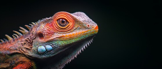 Obraz premium A tight shot of a lizard's head featuring an orange and green color palette on its face