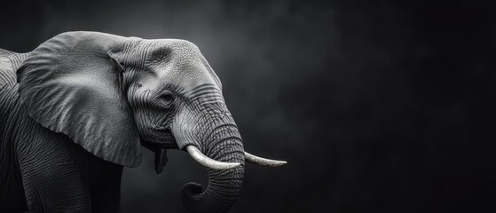  A black-and-white image of an elephant with two large tusks curving down from its upper jaw