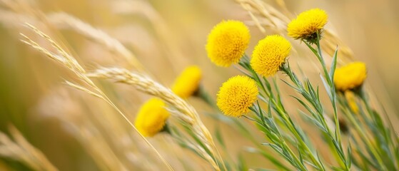  A tight shot of a cluster of yellow blooms against a backdrop of long grass in the foreground and a softly blurred background