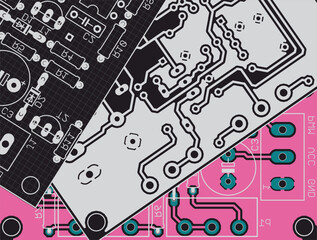 Electric background. Vector pcb pattern. 
Printed circuit board of electronic 
device with components of radio elements,
conductors, contact pads. 
Engineering computer technic cad drawing with grid.