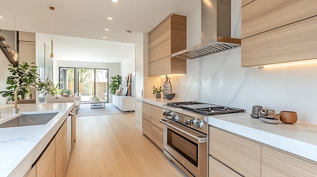 A bright and airy kitchen with a state-of-the-art induction stove, built-in oven, and a modern, slim range hood. The kitchen features white countertops, light wood accents, and under-cabinet