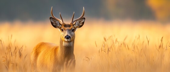 Obraz premium A deer in a field, nose close-up, bathed in sunlight filtering through tall grass, sun illuminating its head