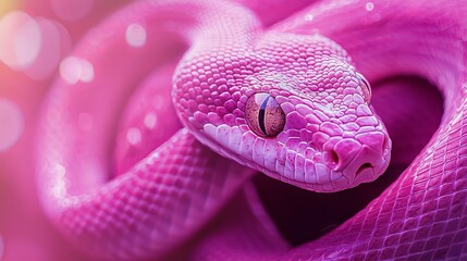 Fototapeta premium A tight shot of a pink snake's head against a softly blurred backdrop with vibrant, bouncing colors