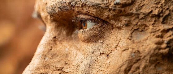  A tight shot of an elephant's eye, adorned with mud, and a tree trunk standing in the backdrop