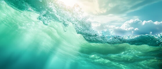 Fototapeta premium A expansive water body, a wave advancing ashore, sunlight filtering through clouded skies