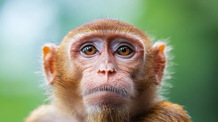  A tight shot of a monkey's face with a blurred backdrop of grass and trees
